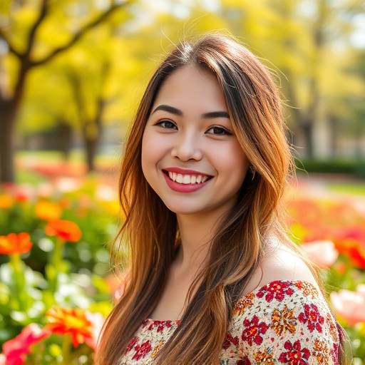 Retrato de uma jovem mulher sorrindo em um parque ensolarado, com árvores e flores coloridas ao redor