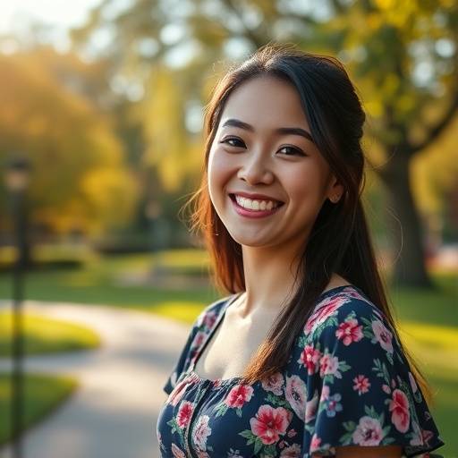 Retrato de uma jovem mulher sorrindo em um parque ensolarado, vestindo um vestido floral.
